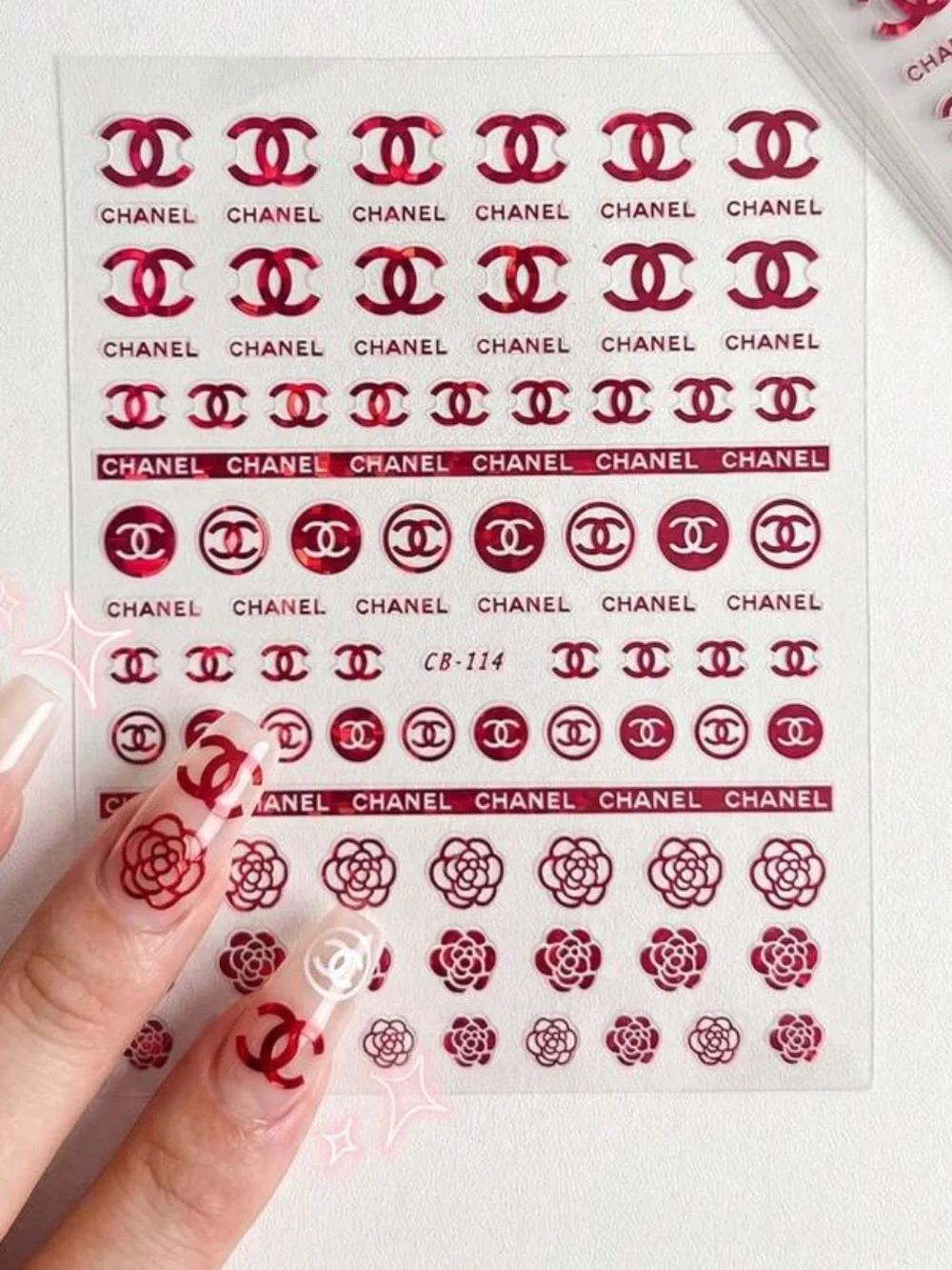 CHANEL Red Metallic Nail Art Sticker Sheets – 5PCS Luxury Logo Decals